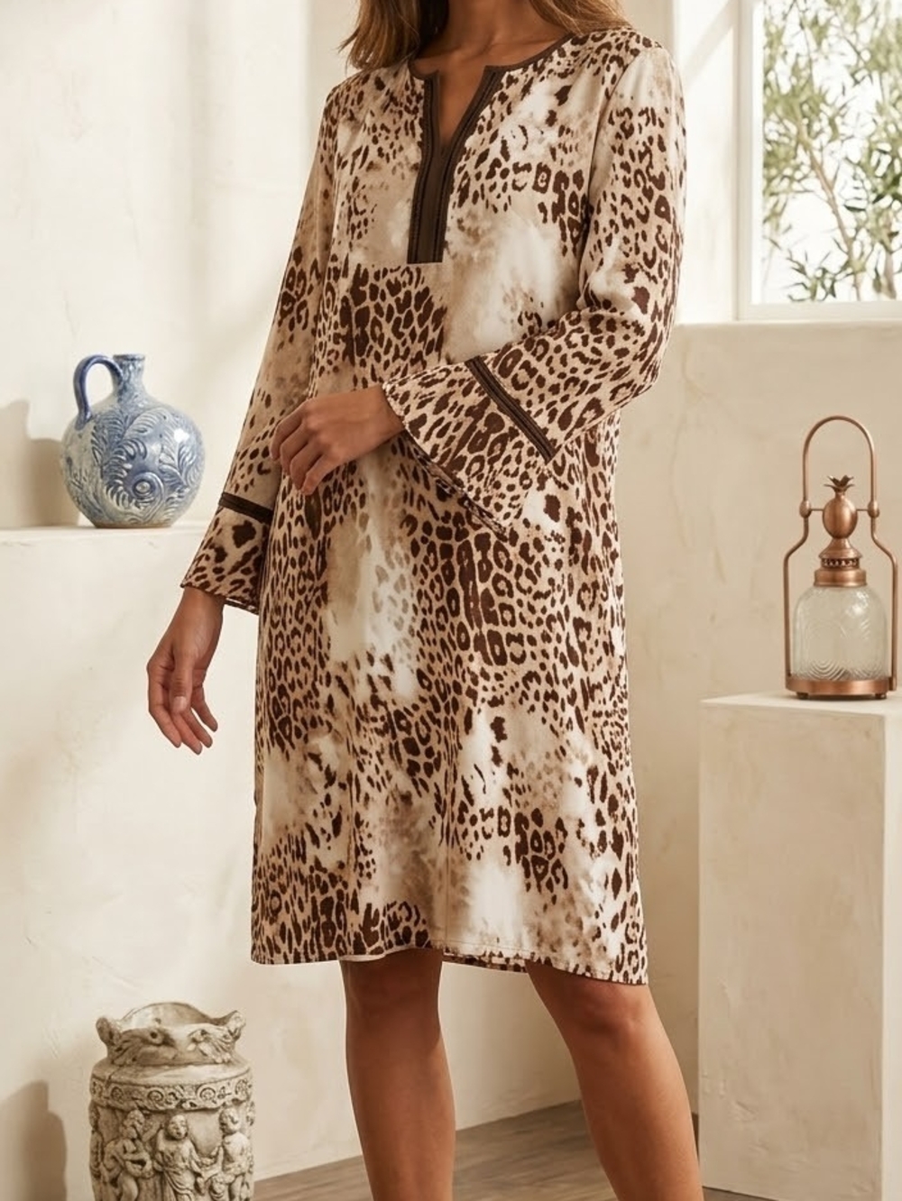 Leopard Print Tunic Top - Brown & White